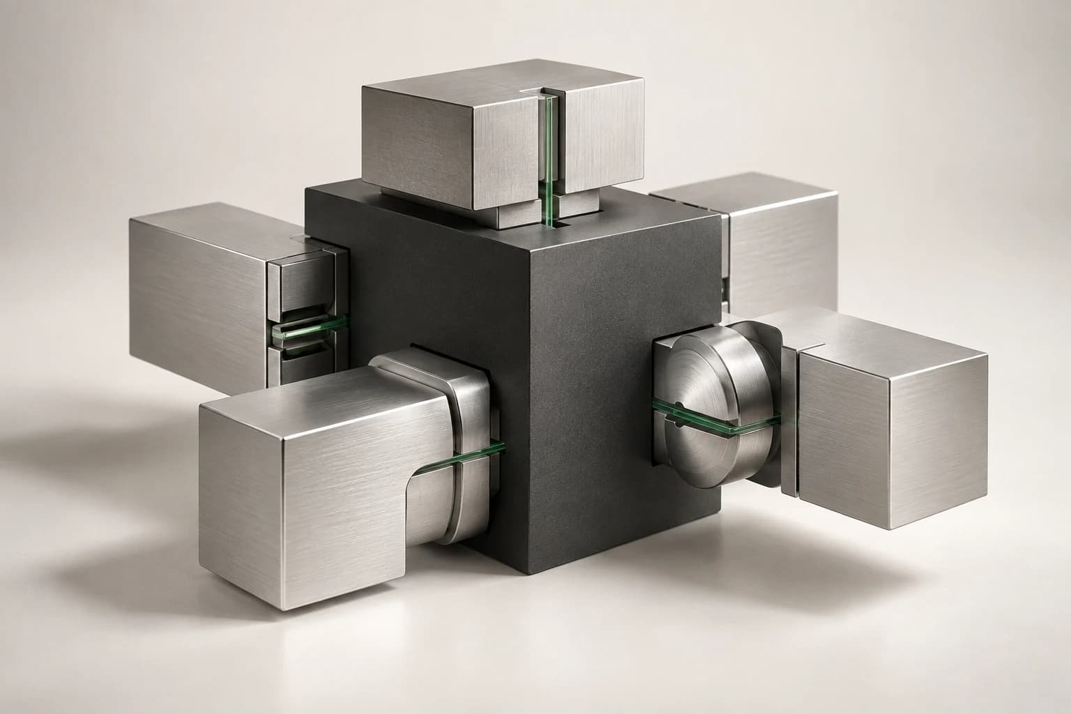 Aligned silver modules connected around a graphite core by a fine green thread.