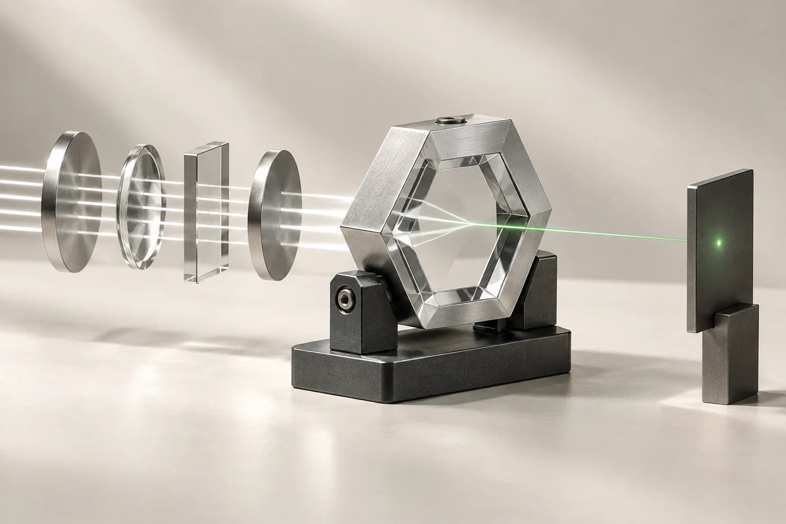 Emerald hexagonal optical prism isolating a light beam among ordered shapes, representing lead verification