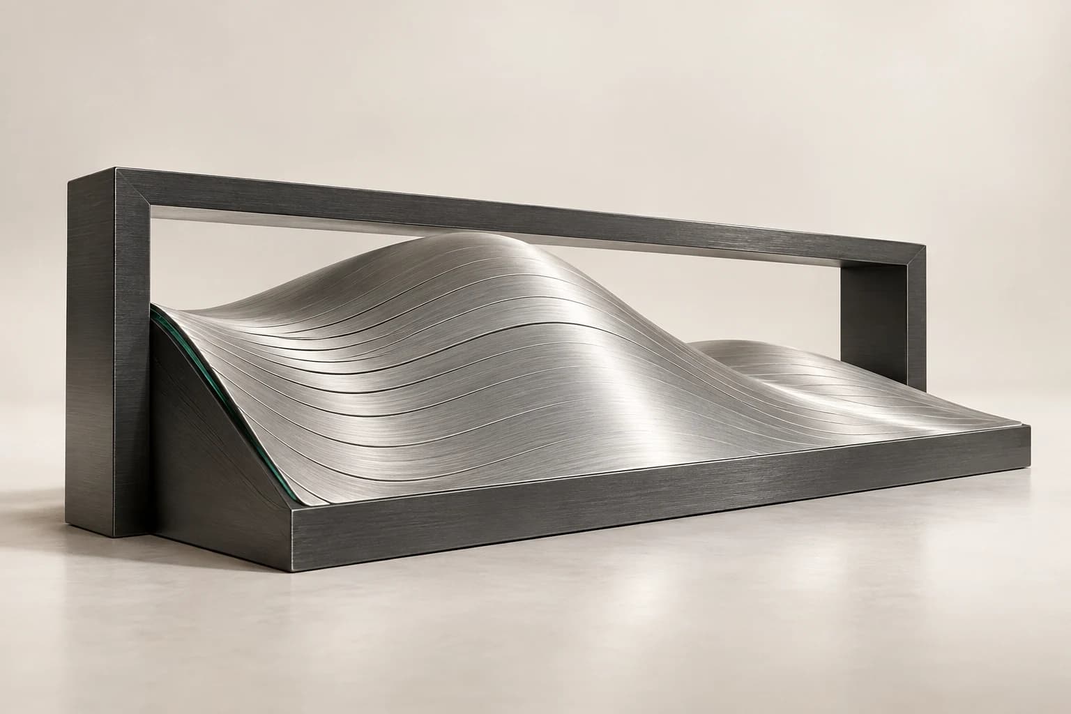 Fine emerald dune particles passing through charcoal frames, representing bespoke model training