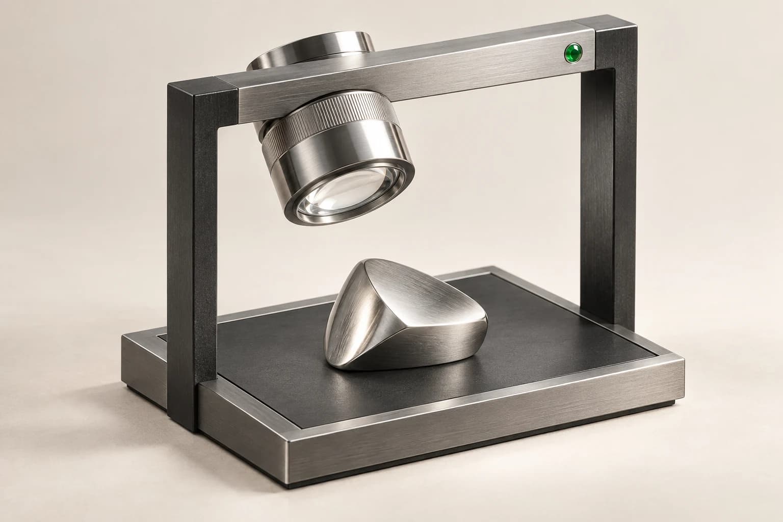 A silver inspection lens above a shaped object within a graphite frame.