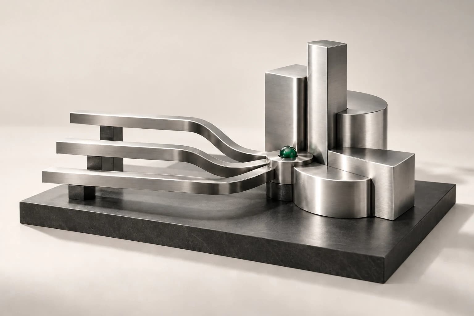 Emerald channels converging into glass columns, representing an enterprise ecommerce sales engine