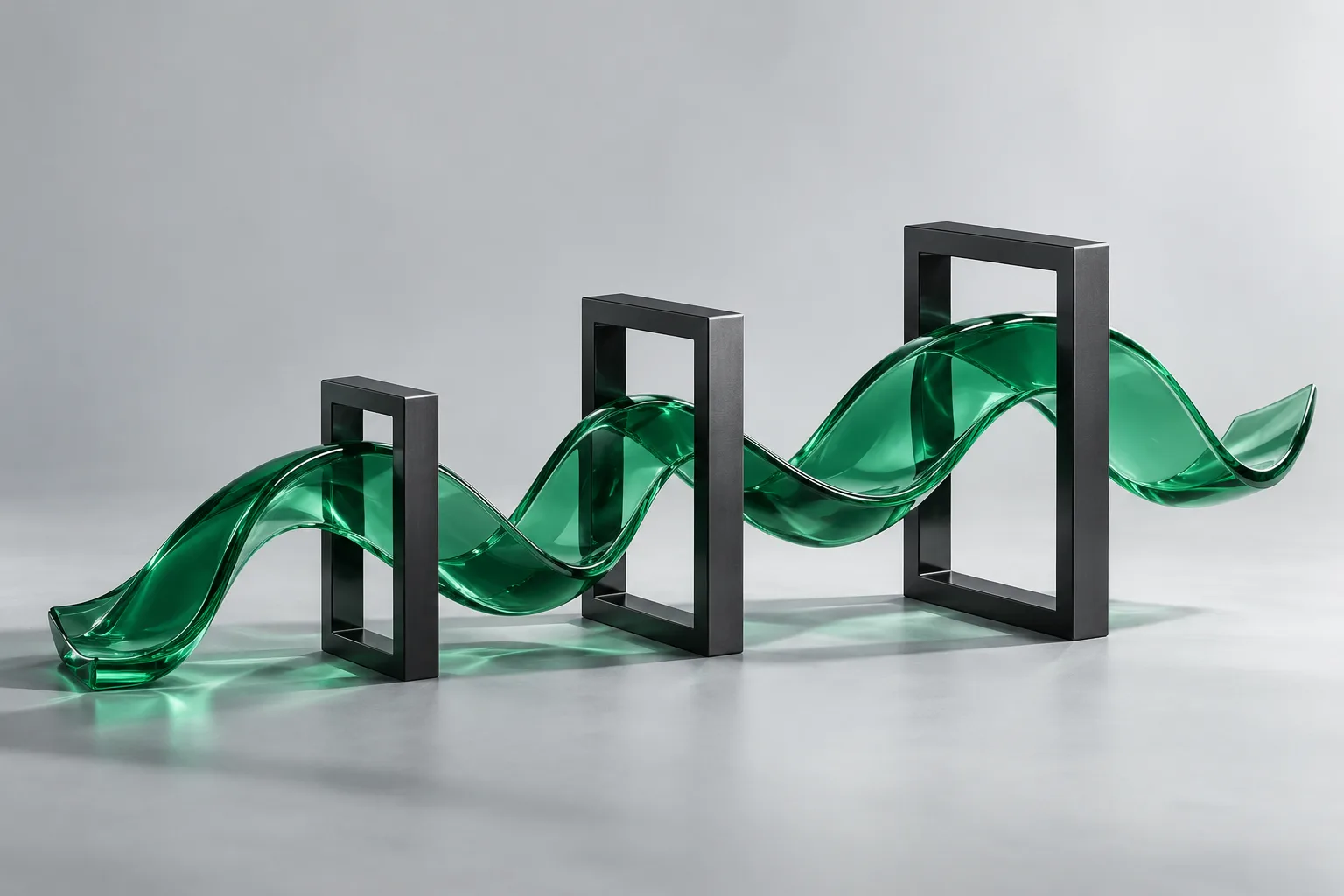 An emerald glass ribbon passes through charcoal frames, illustrating growth within clear controls.