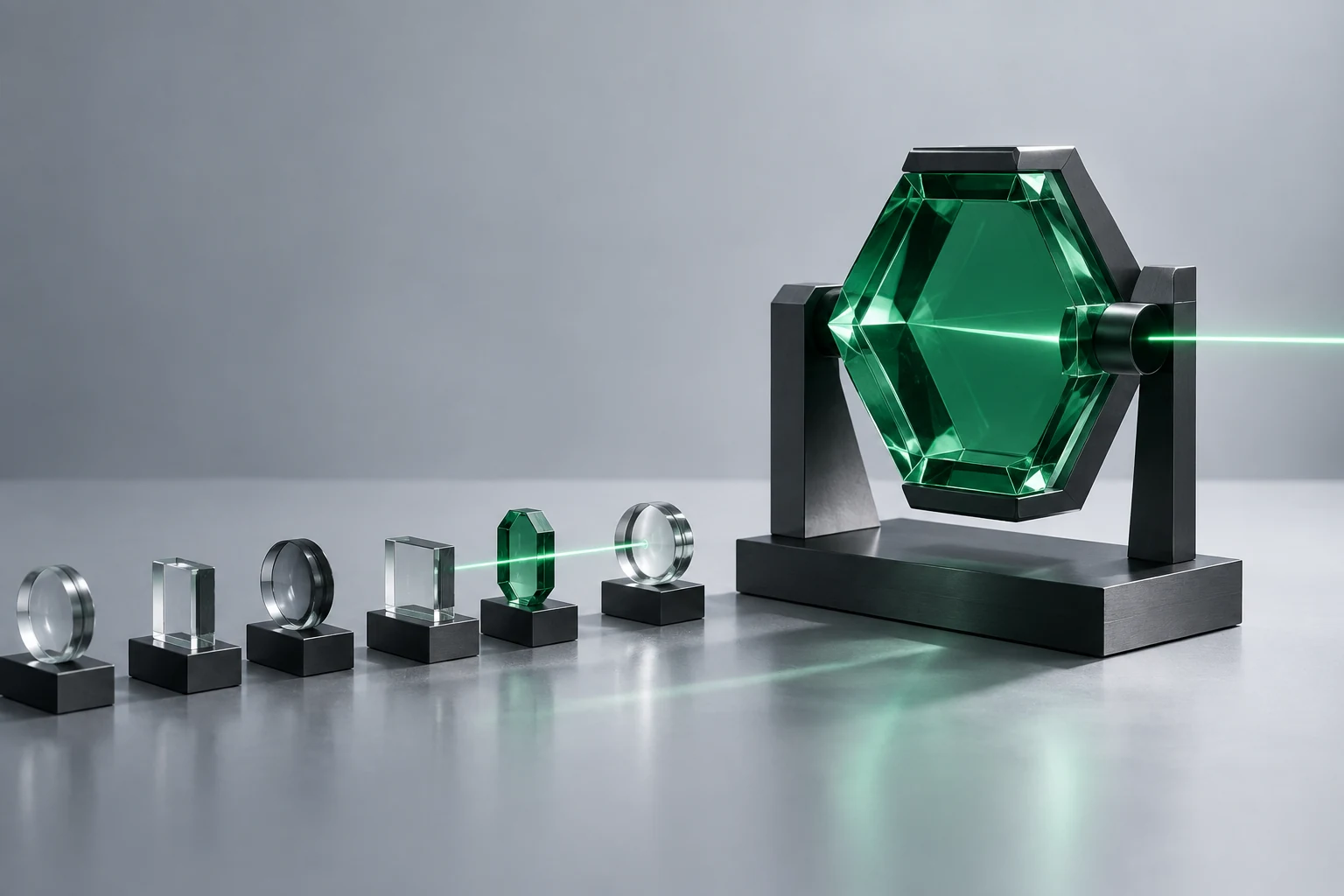 An emerald hexagonal optical prism isolates a fine beam of light from an ordered row of shapes.