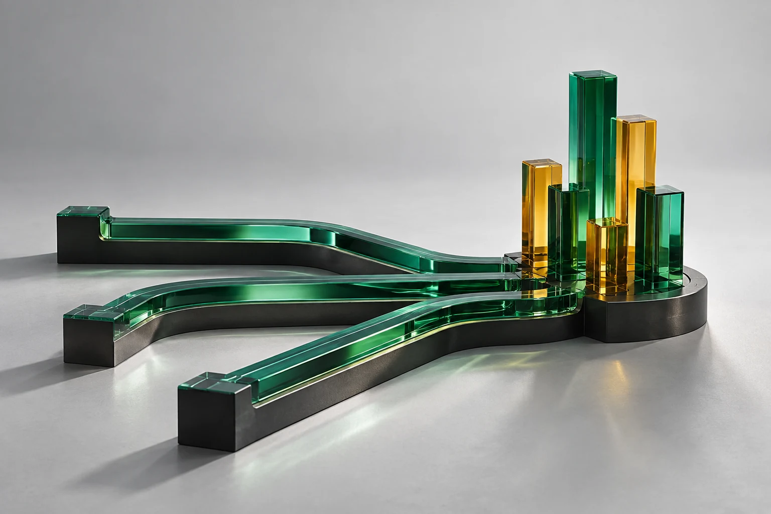 Emerald channels converge into glass columns, illustrating connected commerce decisions without numeric claims.